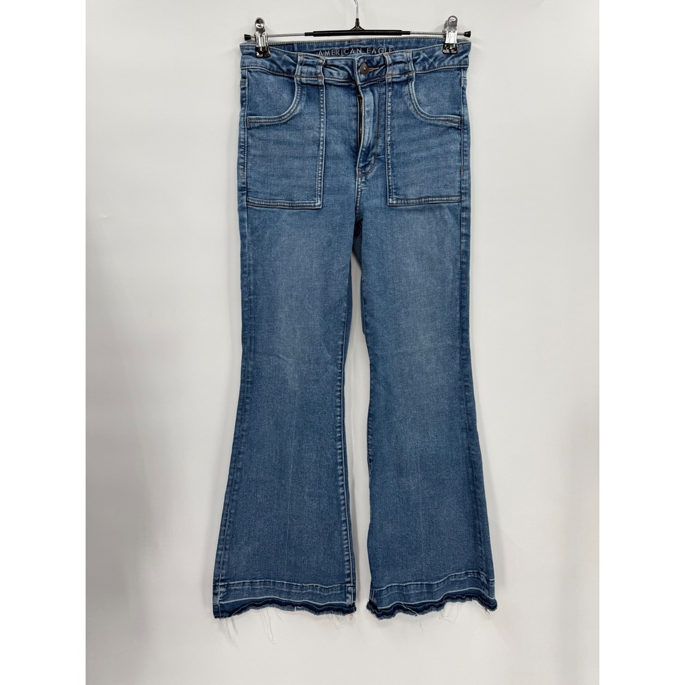 American Eagle 6 Short Flare Jeans Womens Blue Super High Rise Raw Hem Stretch